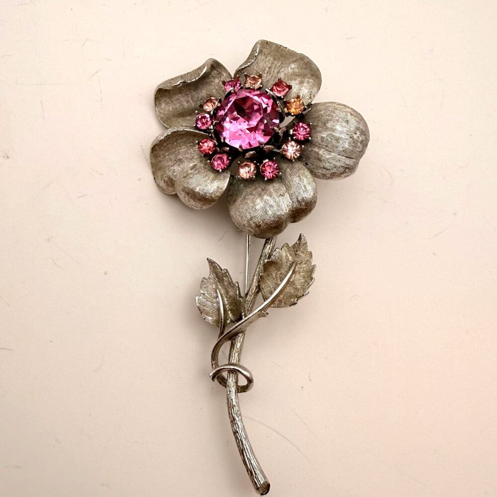 VTG Sarah Coventry Silver Tone Pink Rhinestone Flower Brooch – Large Statement F